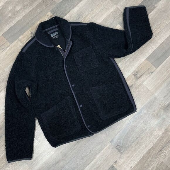 J. Crew Nordic Sherpa Fleece Shawl Collar Jacket Navy Blue Large Zip Snap - Picture 10 of 10